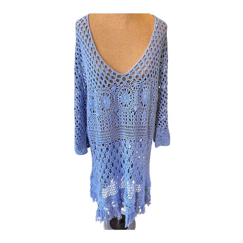 Crochet lace light blue tunic top with fringe boho festival swim cover beach